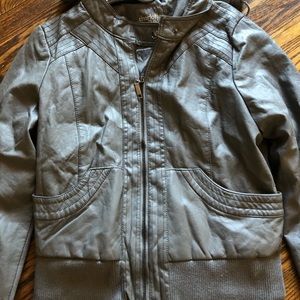 Gray leather jacket with sweatshirt material hood